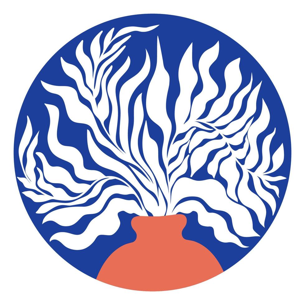 Matisse Abstract Art. Vase with curved branches with leaves in circle. Poster aesthetic modern, minimalist art. Vector illustration, hand drawing.