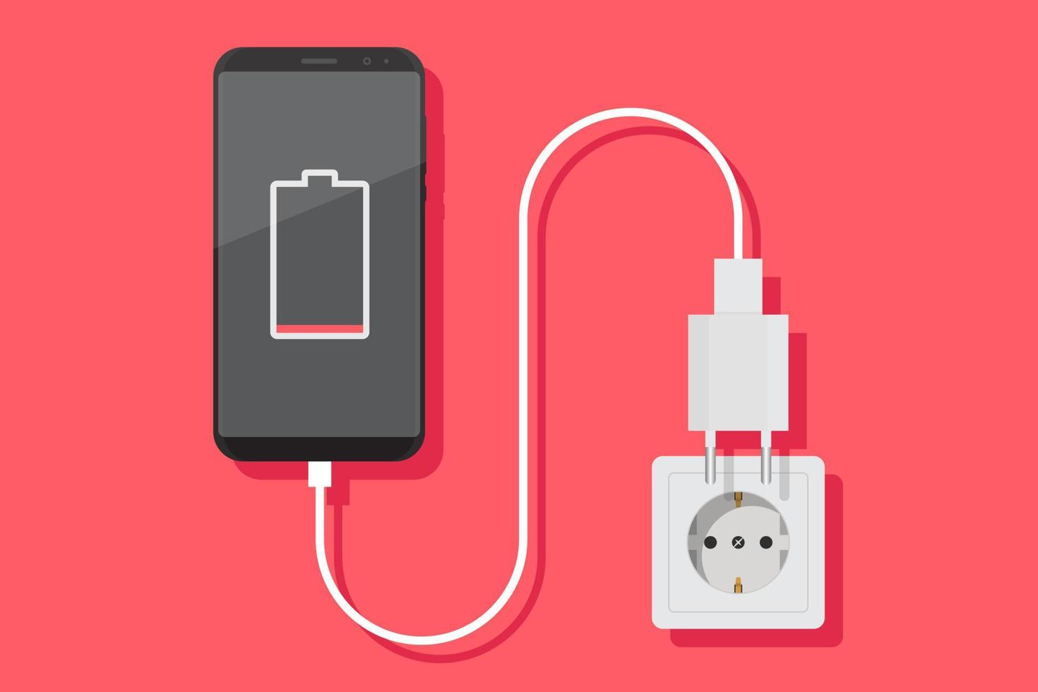 Smartphone charger adapter vector flat, smartphone, electric socket, adapter, low battery notification, flat design vector illustration