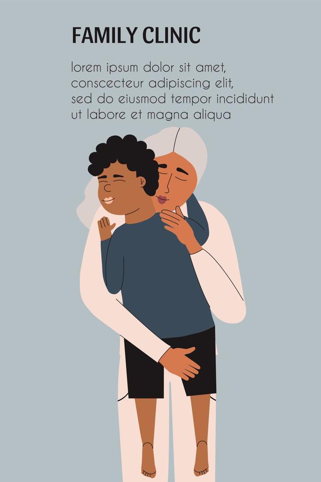 Mom hugs her son. Child care. Clinic template. Vector illustration