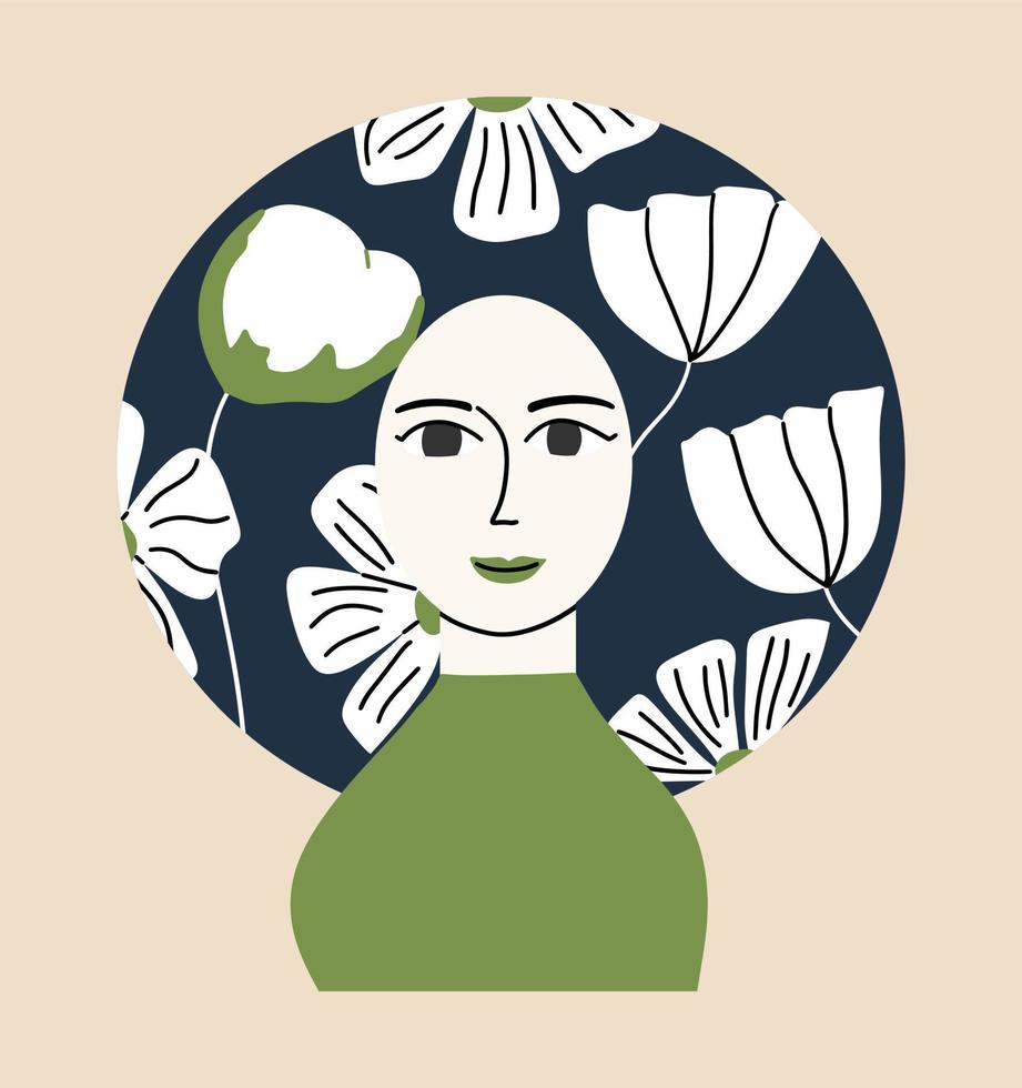 Arte tarjeta postal con un hermosa niña y flores en su cabello. el concepto de feminidad. vector ilustración en mano dibujado estilo