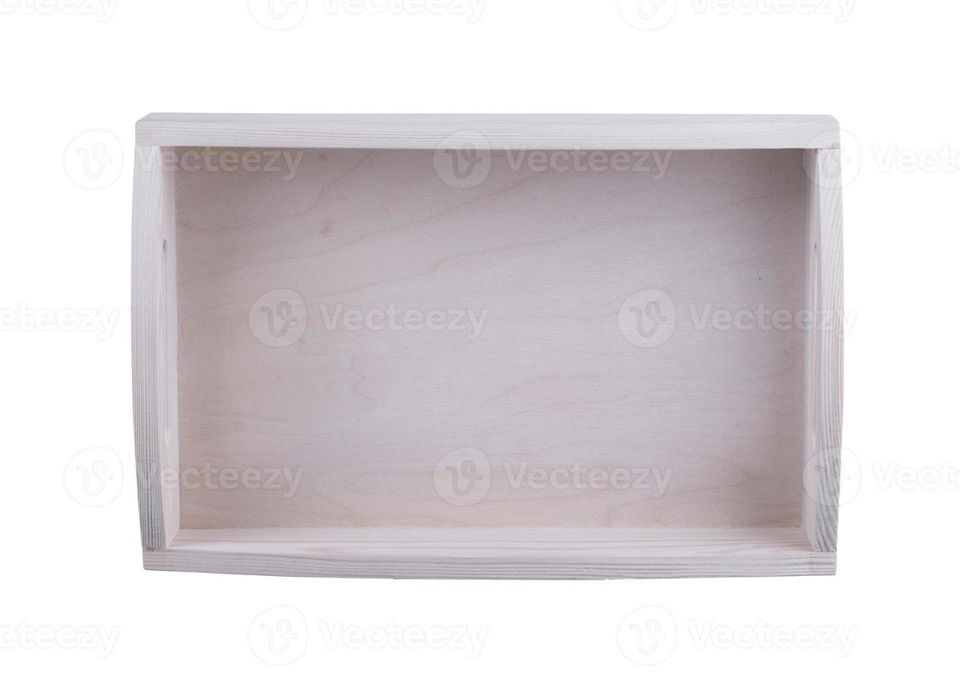 White wooden box top view on a white background. Tray. photo