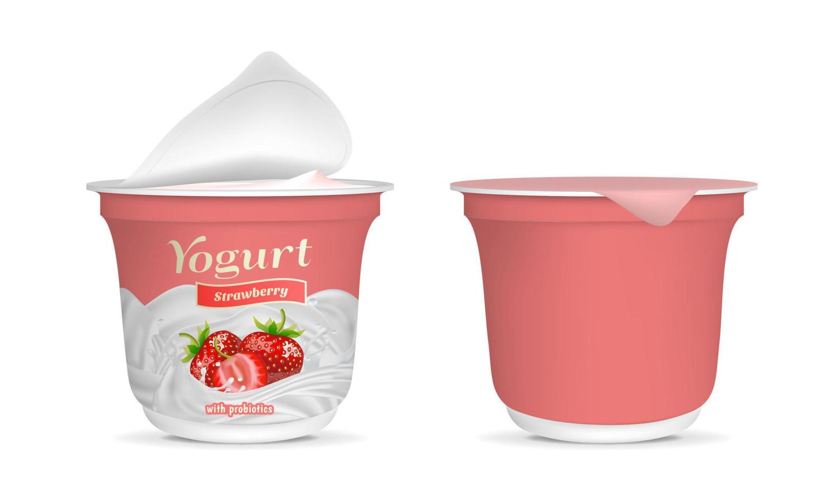 Realistic Detailed 3d Open Strawberry Yogurt Packaging Container and Empty Template Mockup Set. Vector