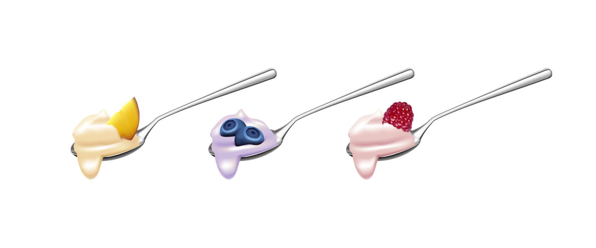 Realistic Detailed 3d Spoon with Yogurt and Fruit or Berries Set. Vector