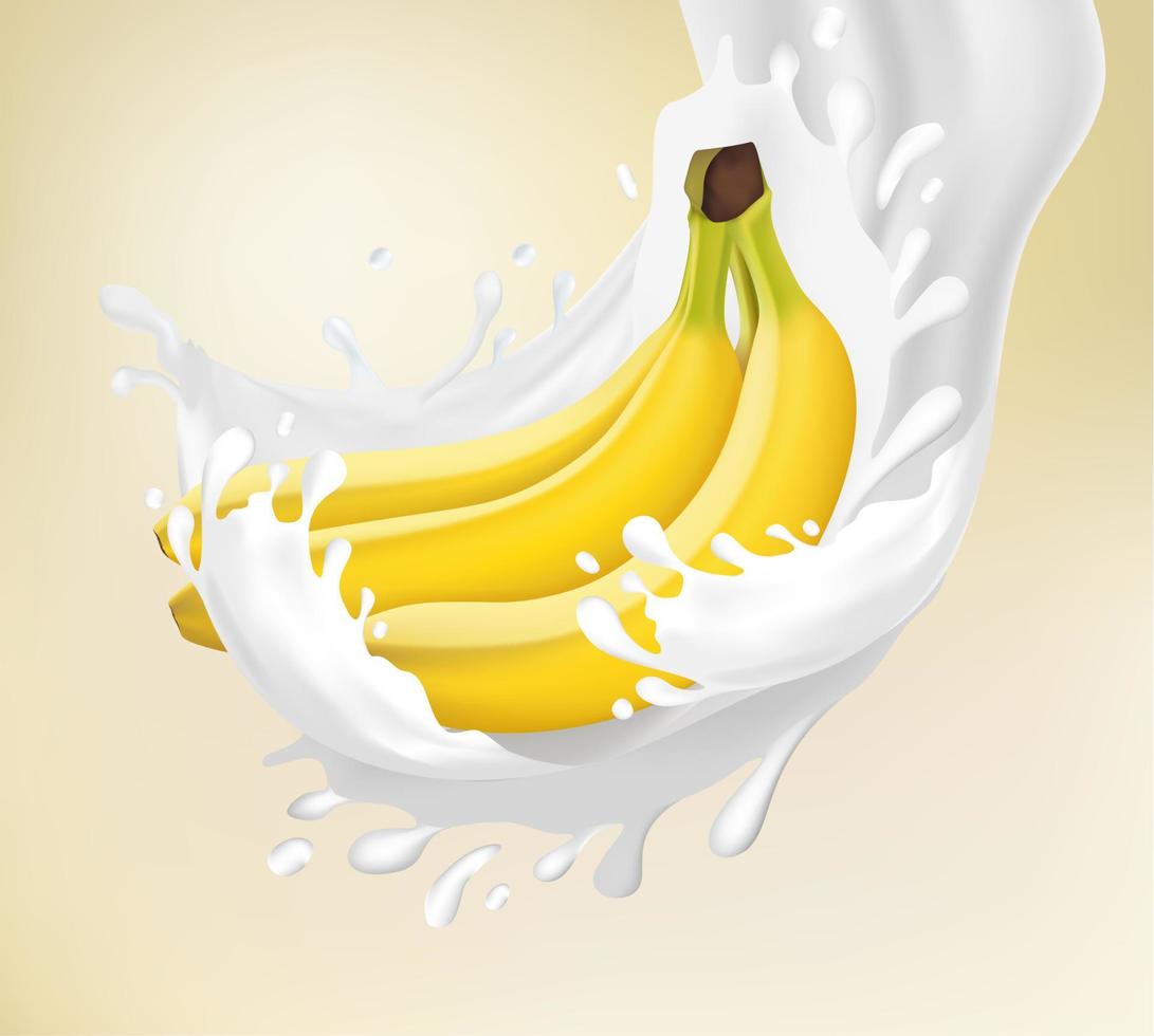 Realistic Detailed 3d Fresh Banana with Milk or Yogurt Splash. Vector