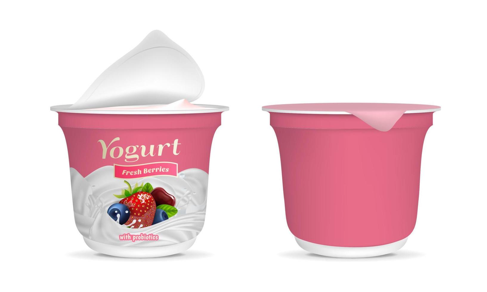 Realistic Detailed 3d Open Fresh Berries Yogurt Packaging Container and Empty Template Mockup Set. Vector