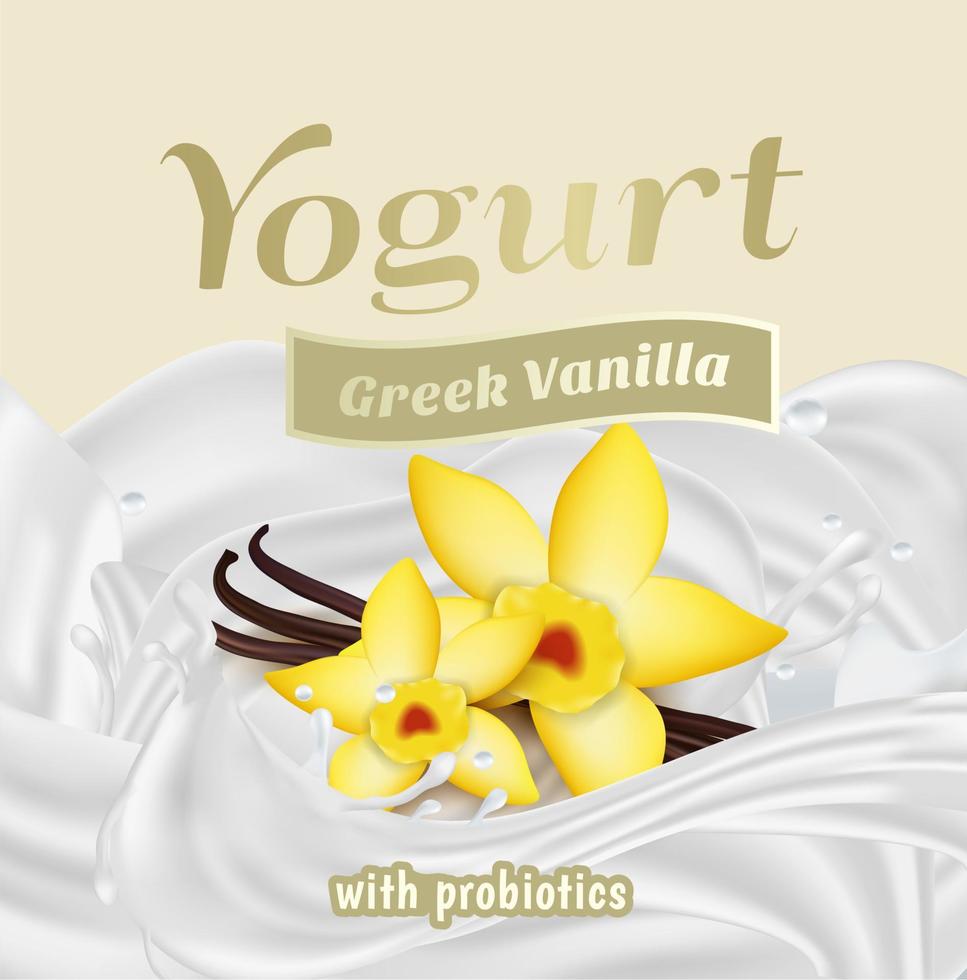 Greek Vanilla with Probiotics Splash Label Badge Template. Vector