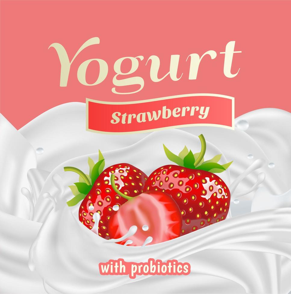 Strawberry Yogurt with Probiotics Splash Label Badge Template. Vector