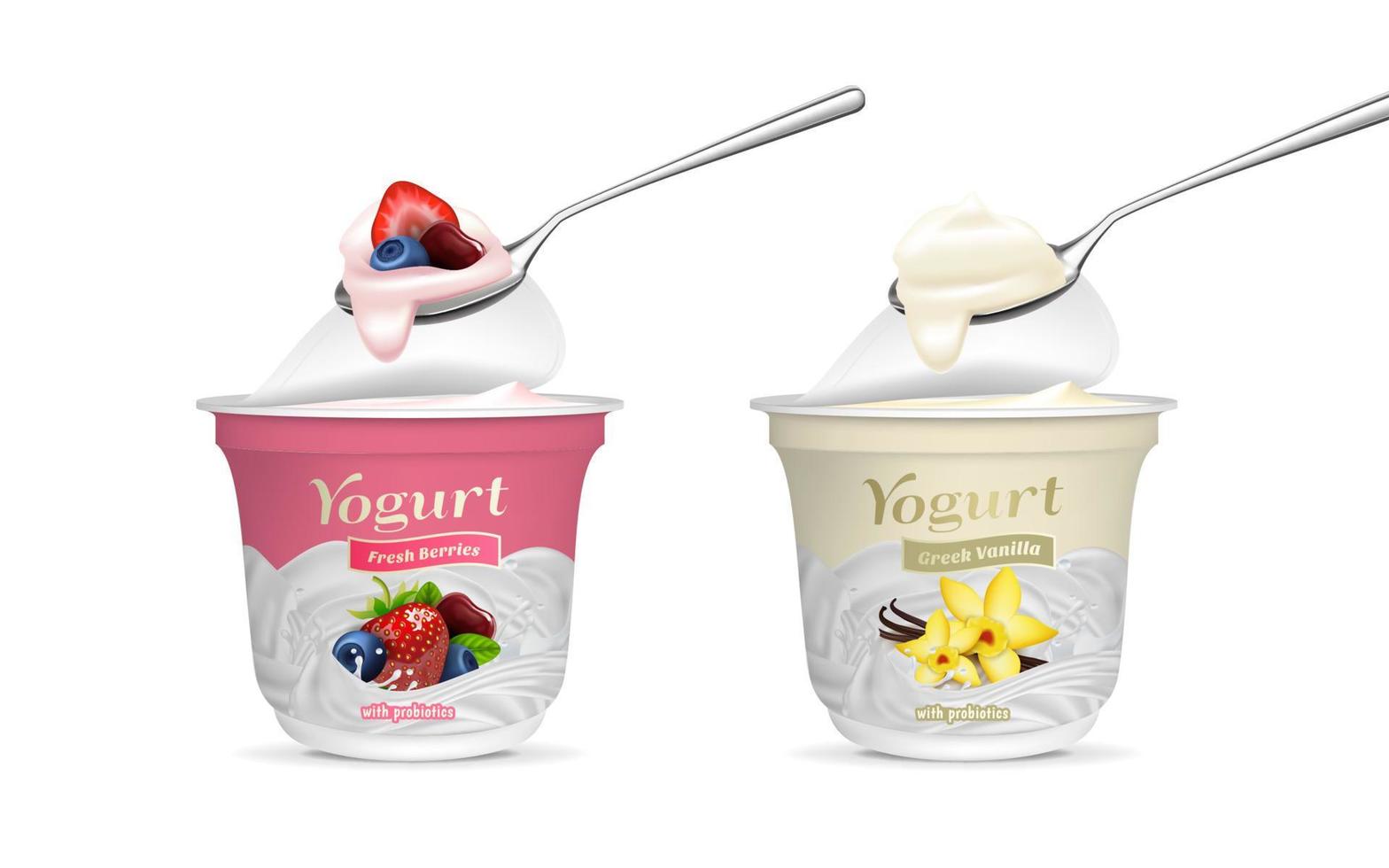 realista detallado 3d Fresco bayas y griego vainilla gusto yogur con cuchara colocar. vector