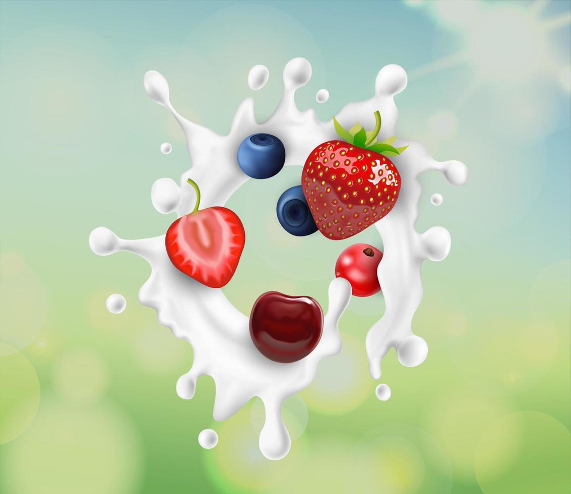 Realistic Detailed 3d Fresh Berries with Milk or Yogurt Splash. Vector