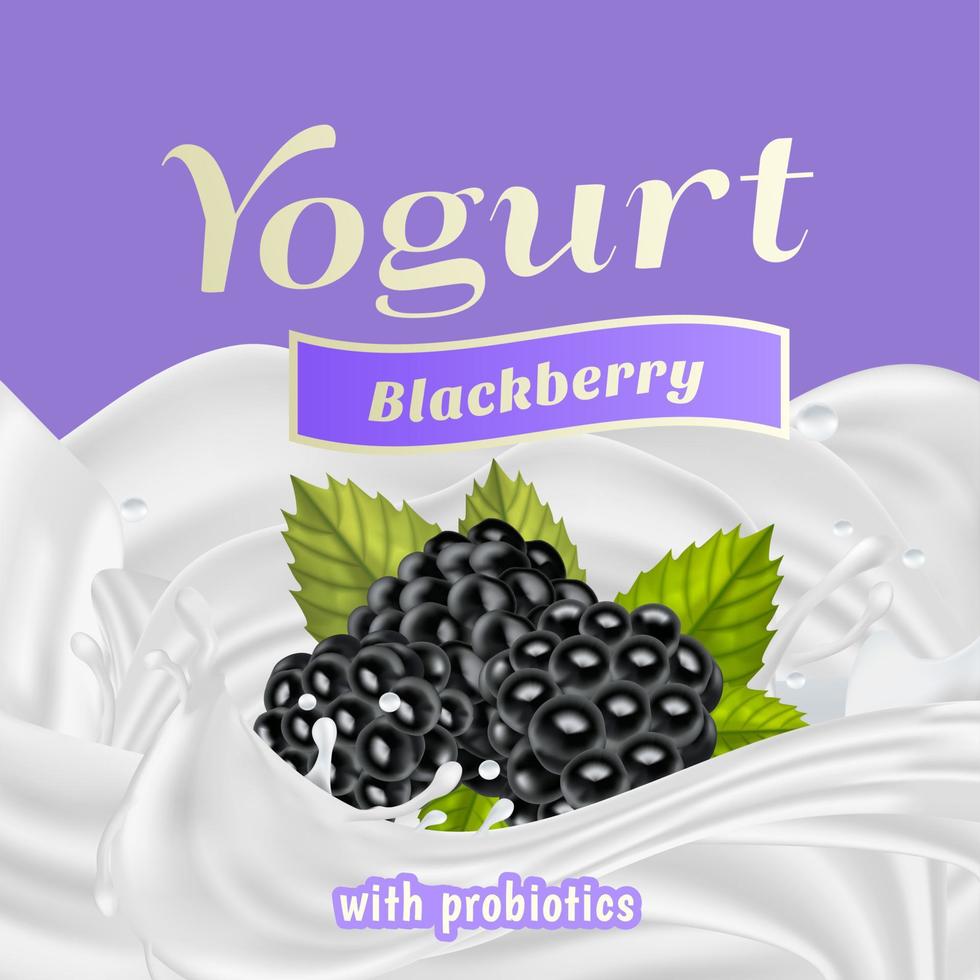 Blackberry Yogurt with Probiotics Splash Label Badge Template. Vector