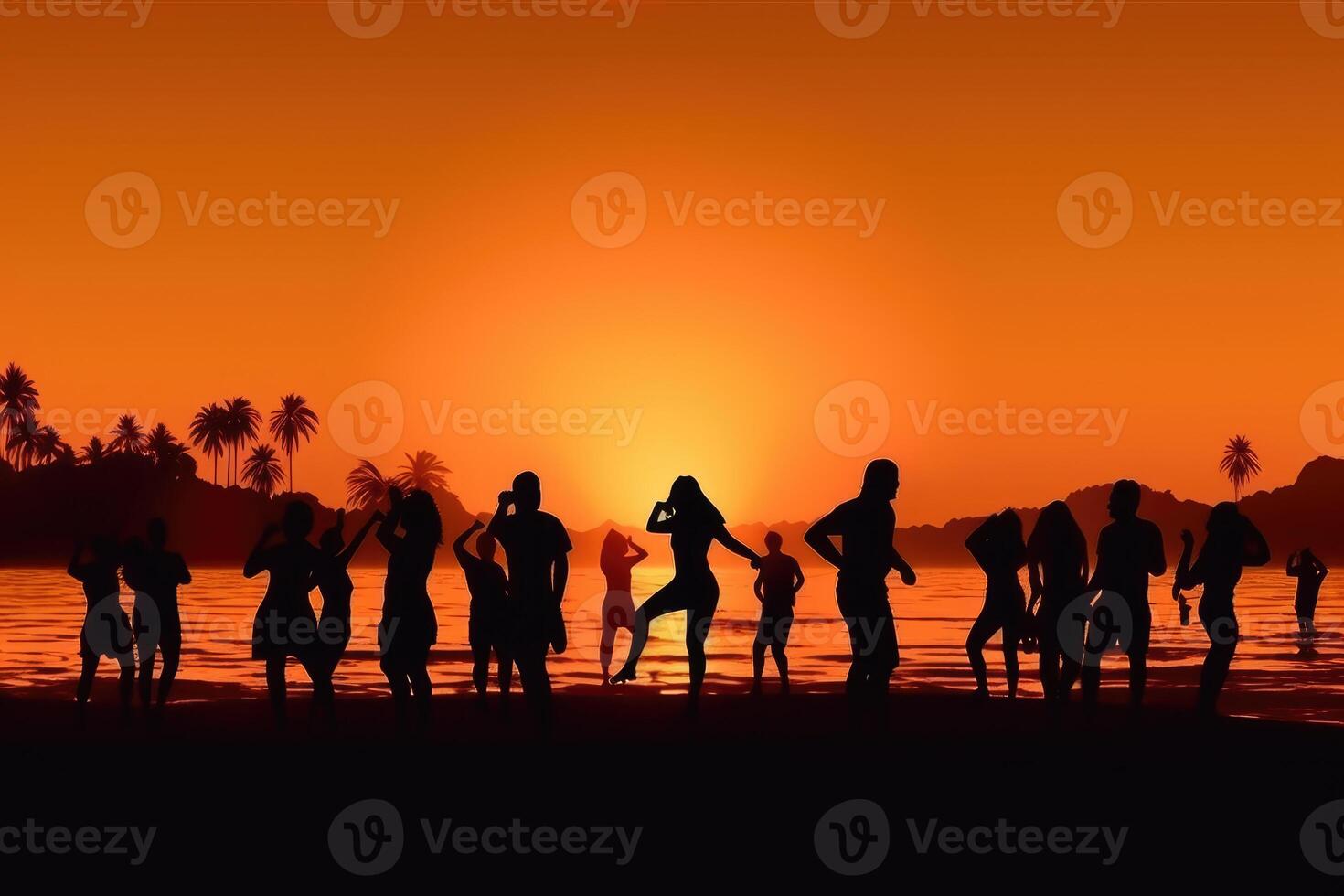 Silhouettes of People Dancing Summer Beach Party Concept photo