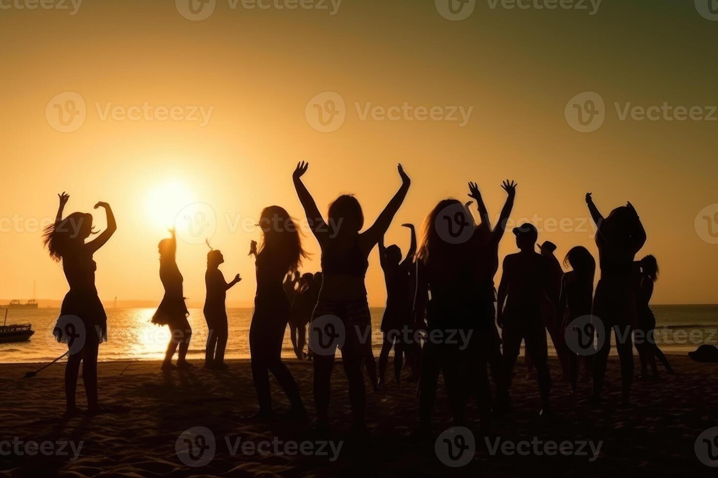 Silhouettes of People Dancing Summer Beach Party Concept photo