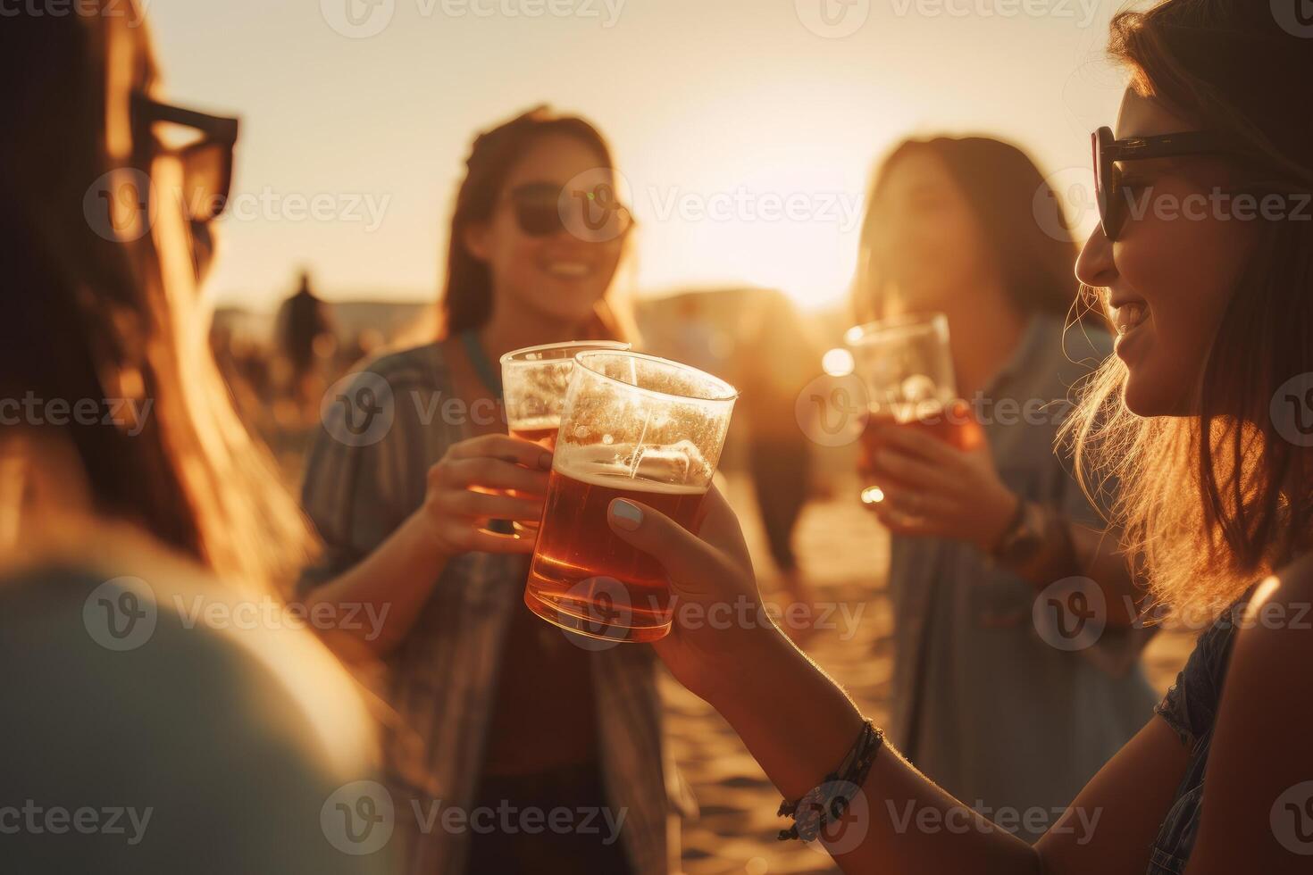 Female friends cheering with beer at music festival, summer beach party photo