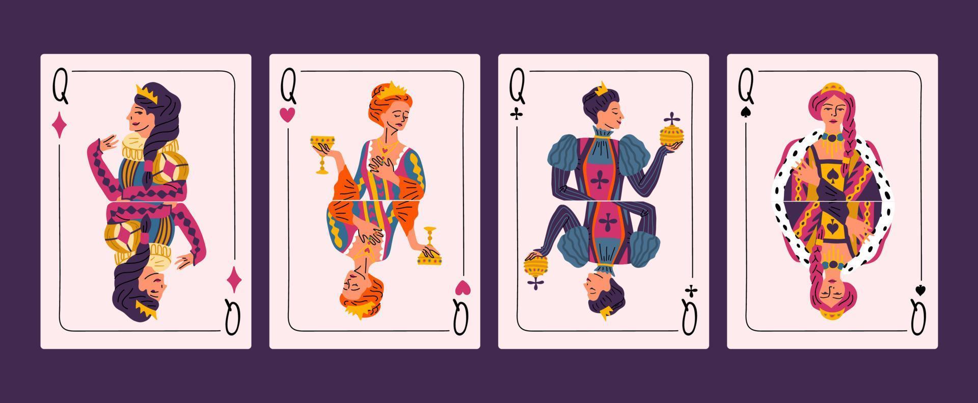 Cartoon Color Queens Playing Cards Set. Vector