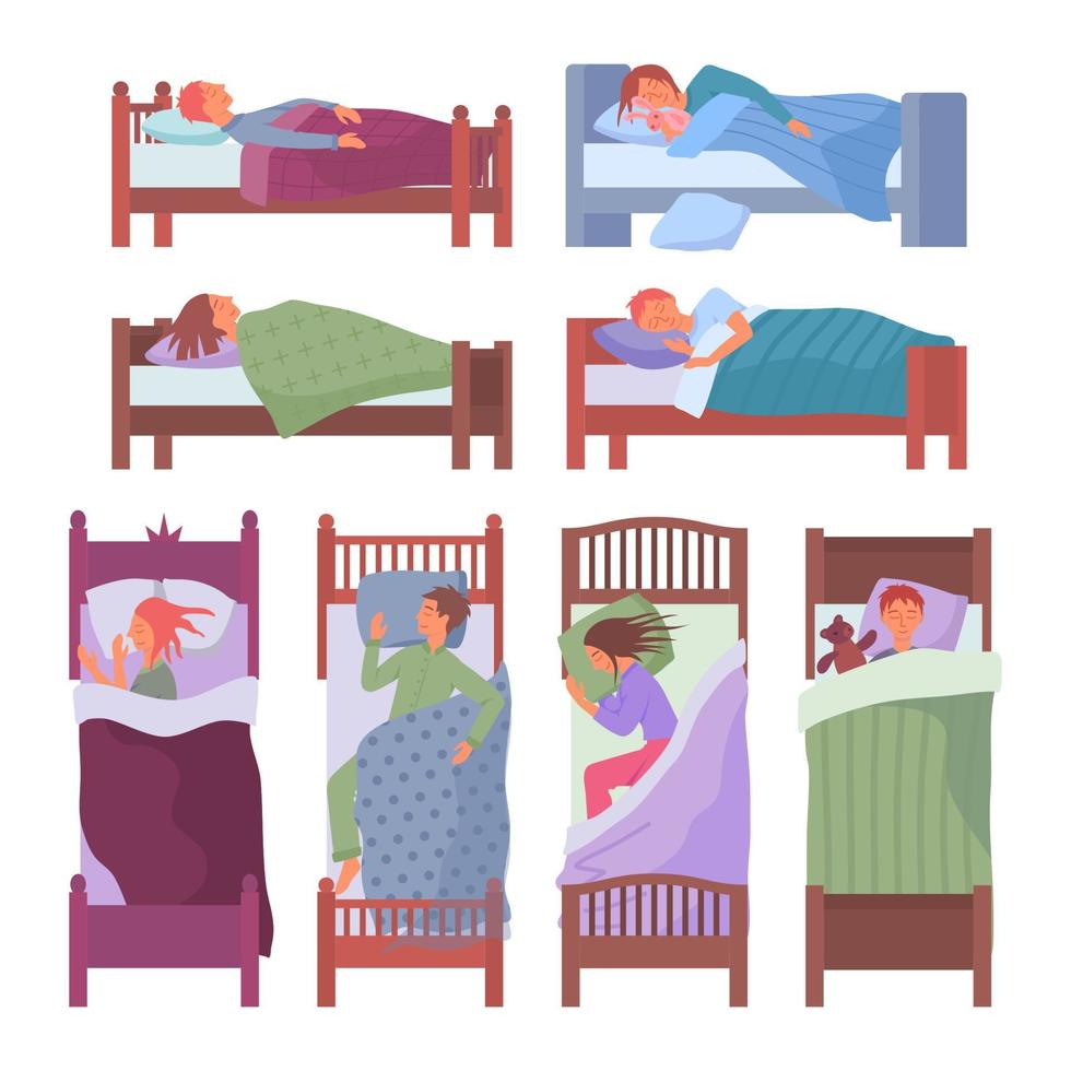 Cartoon Color Characters Kids Sleeping in Beds Set. Vector