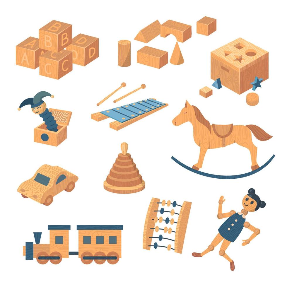 Cartoon Wooden Different Toys for Kids Set. Vector