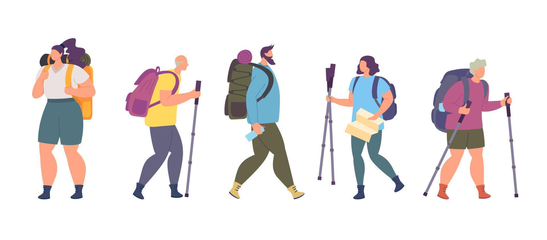 Cartoon Color Characters People Hiking with Backpacks Concept. Vector