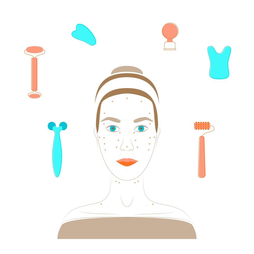 Cartoon Color Character Woman and Massage Facial Lines Concept. Vector