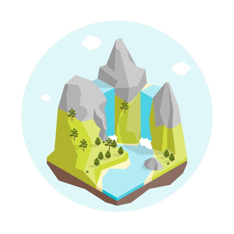 Cartoon Color Flying Island with Waterfall. Vector