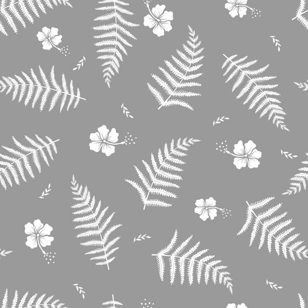 Seamless pattern with hibiscus flowers and fern leaves. vector