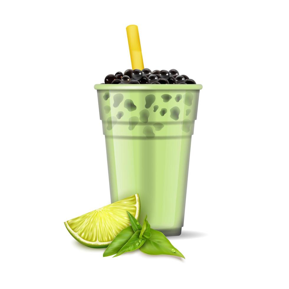 Realistic Detailed 3d Bubble Milk Tea with Green Lime Slice . Vector