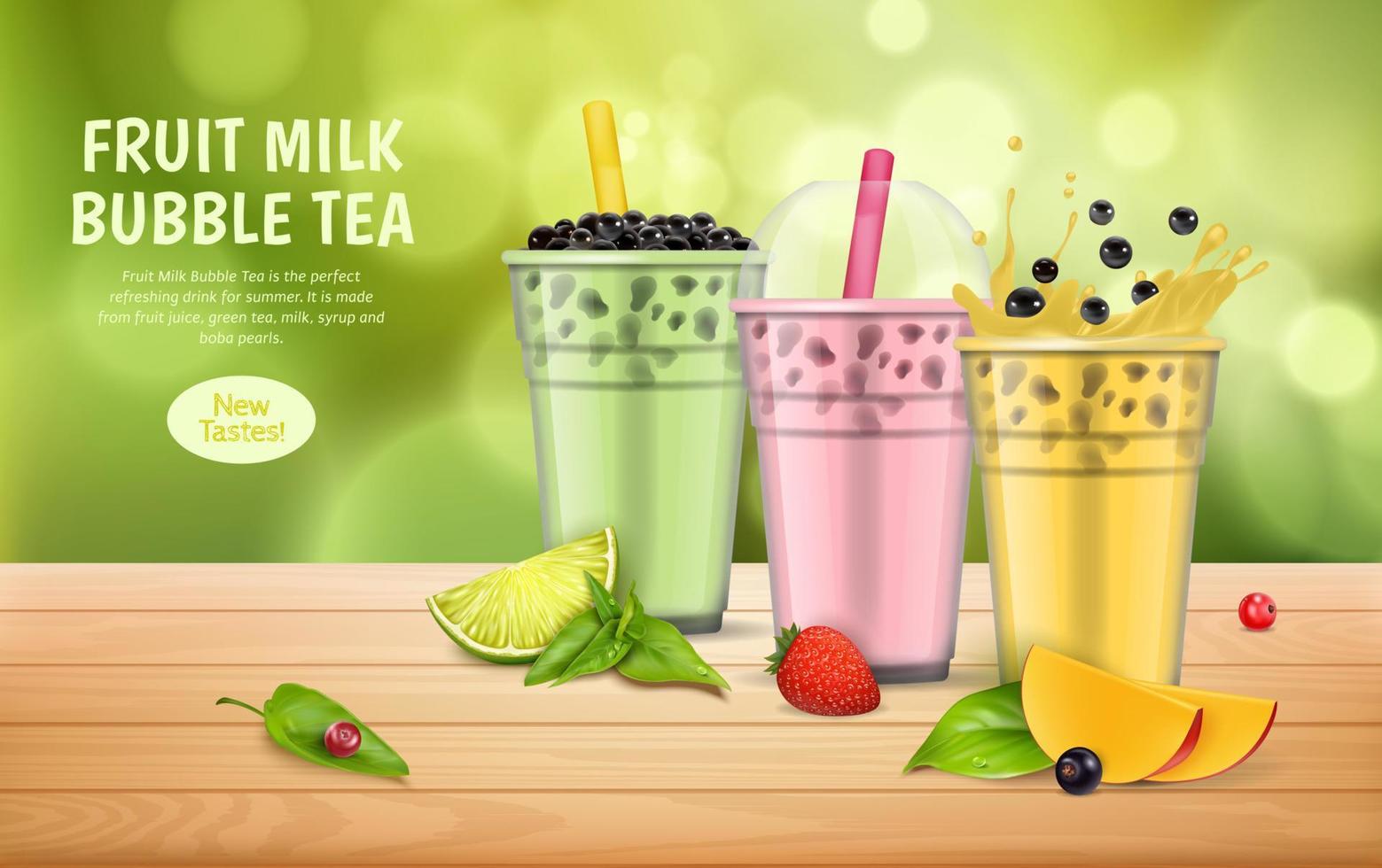 Realistic Detailed 3d Fruit Milk Bubble Tea Ads Banner Concept Poster Card. Vector