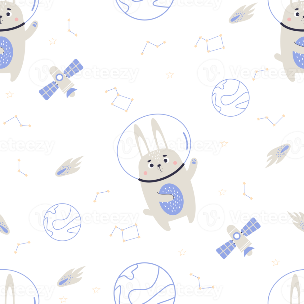 Space seamless pattern. astronaut rabbit png