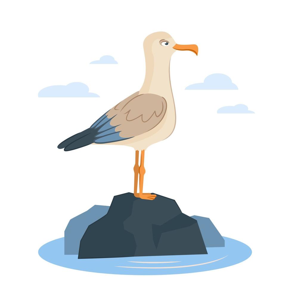 A seagull is sitting on a rock in the sea. Vector illustration of a seagull on a white background. The concept of sea holidays, travel. Marine style.