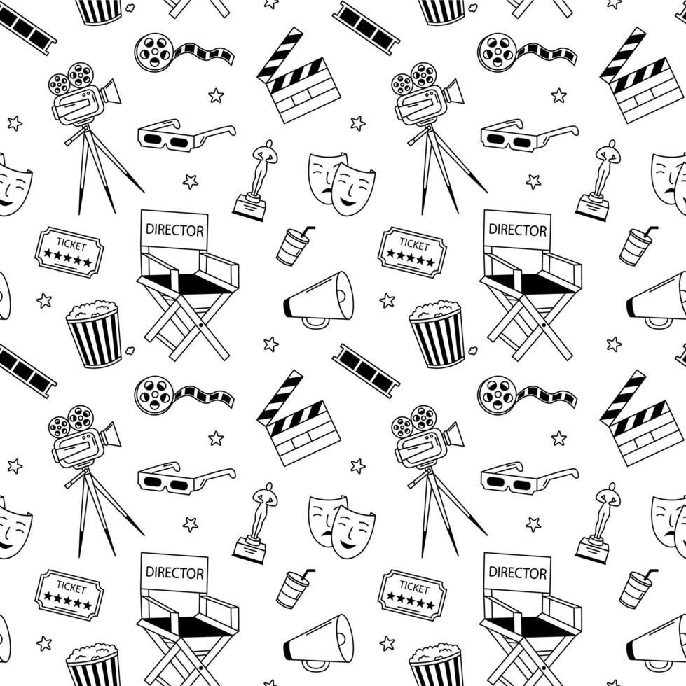 Seamless pattern of cinema doodle elements. Projector, popcorn, film, clapper board, award, ticket, 3d glasses, director chair in line art style. vector