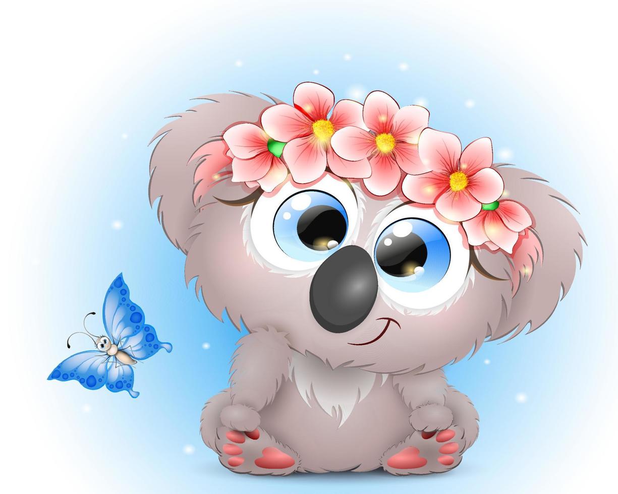 Cute fluffy funny cartoon Koala girl with wreath of flowers and blue butterfly. vector