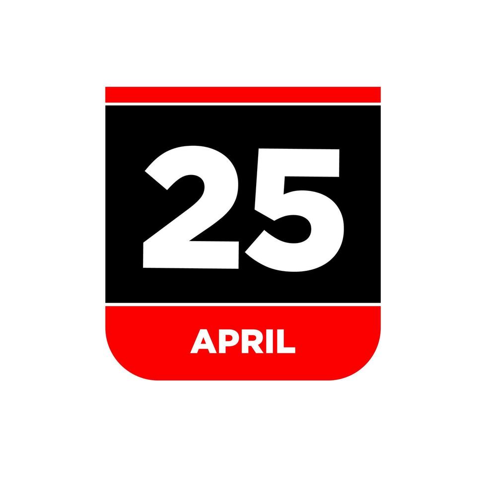 25th April calendar page icon. 25 Apr day. vector