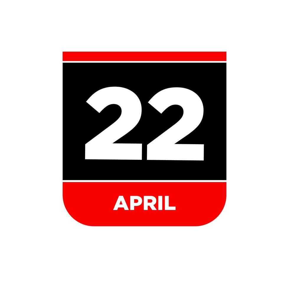 22nd April calendar page icon. 22 Apr day. vector