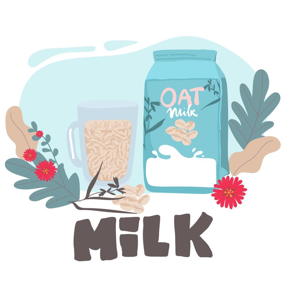 oatmeal ad, with milk pouring into a cup and oat elements, hand drawing illustration vector