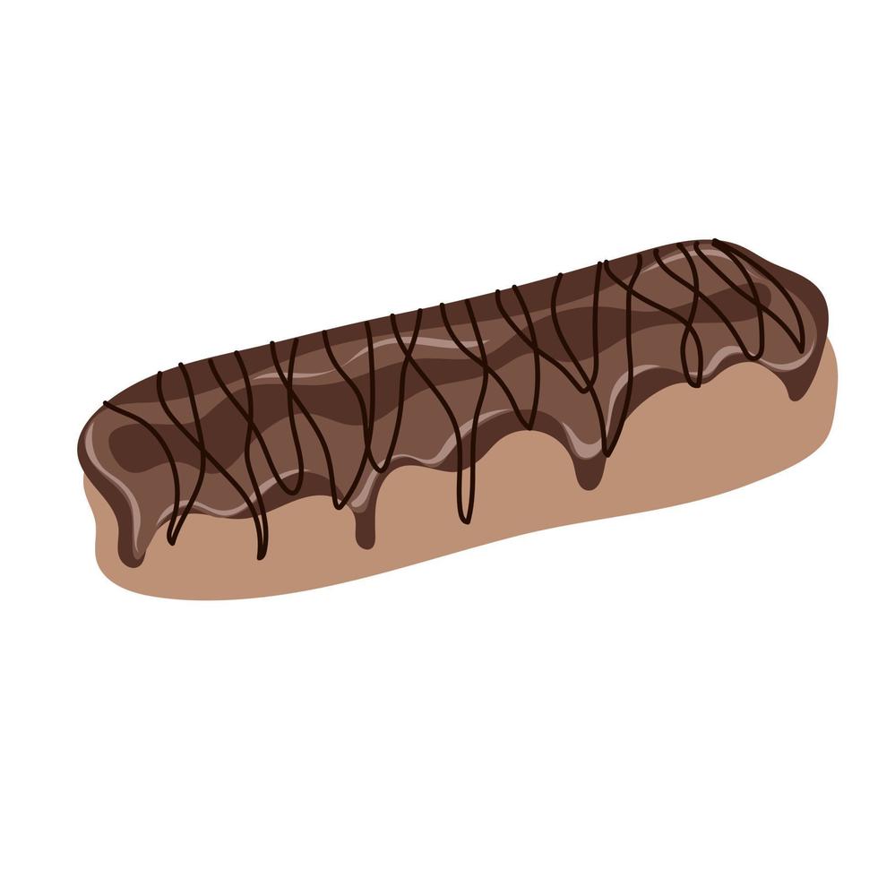 Chocolate Eclair isolated on white. Vector illustration of sweet glazed french eclair