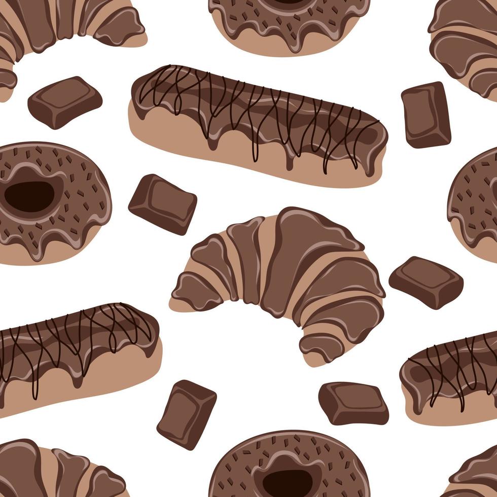 Seamless pattern with French cake croissant, Eclair and Donut vector