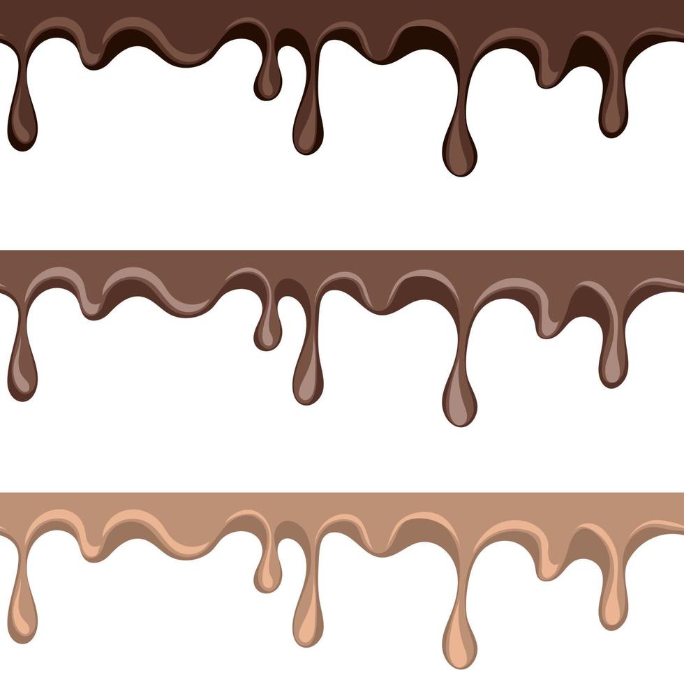 Set of melted dark, white and milk sweet chocolate dripping seamless vector