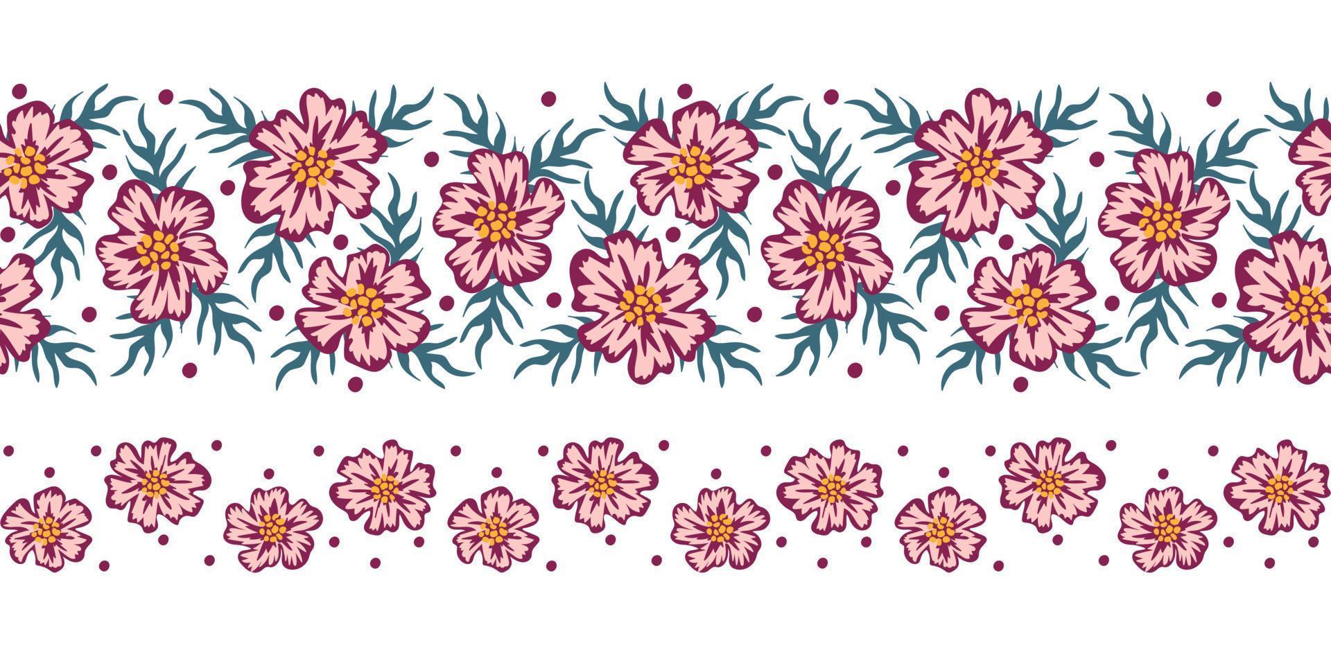 Seamless floral border with pink flowers and polka dots vector