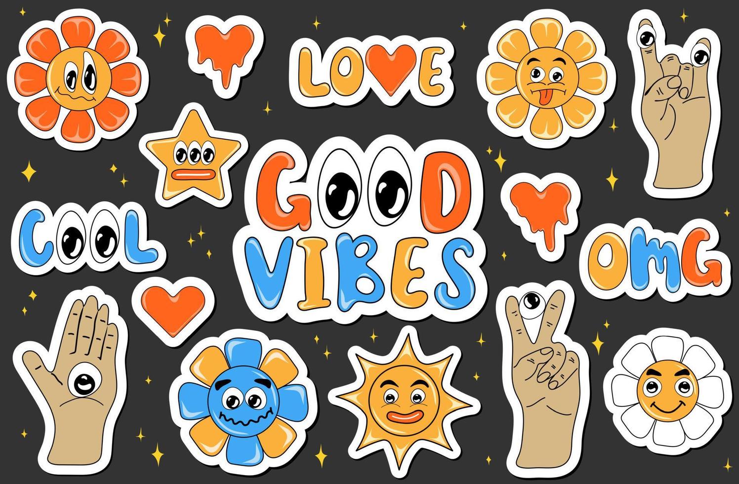 Cool Trendy Retro Stickers Collection. Funny comic character art and quote sign bundle vector