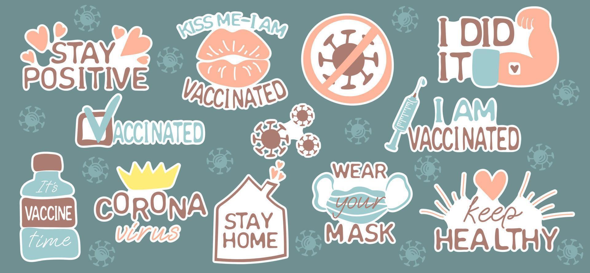 Vaccination and coronavirus lettering stickers set vector