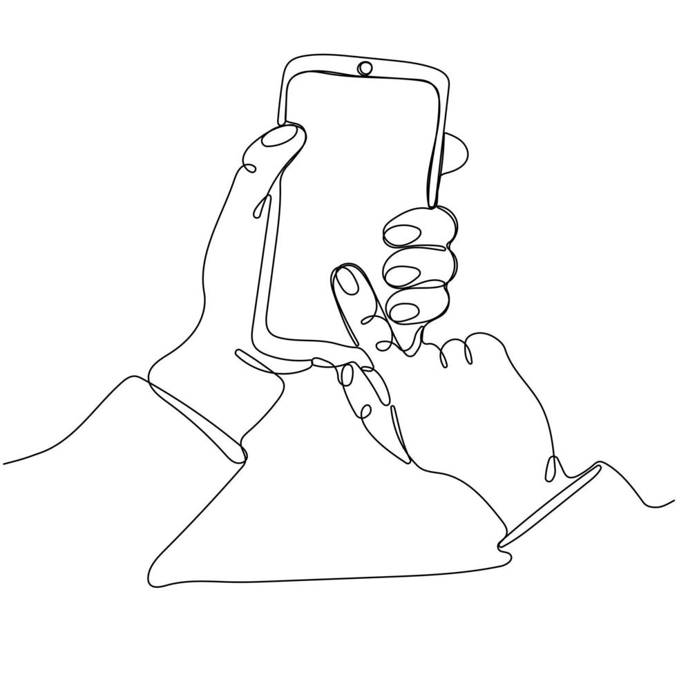 Hand holding and touching smartphone, scrolling or searching for something, isolated on white background vector
