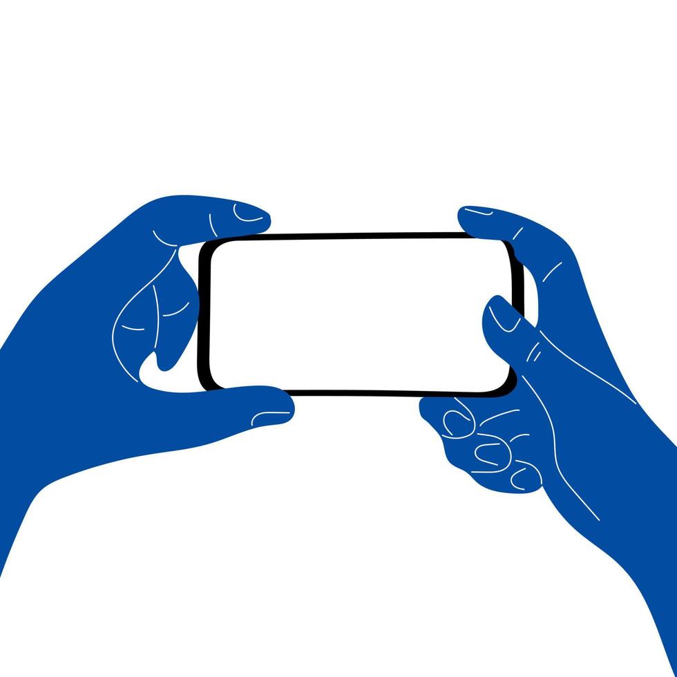 Cartoon human hands holding and pointing horizontal mobile smart phone vector