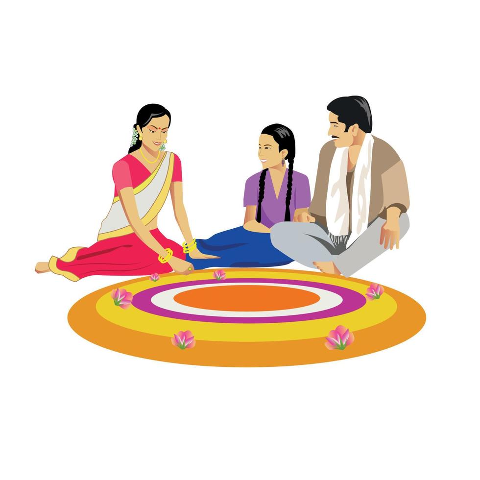 Indian family making rangoli for Diwali celebration in India in vector