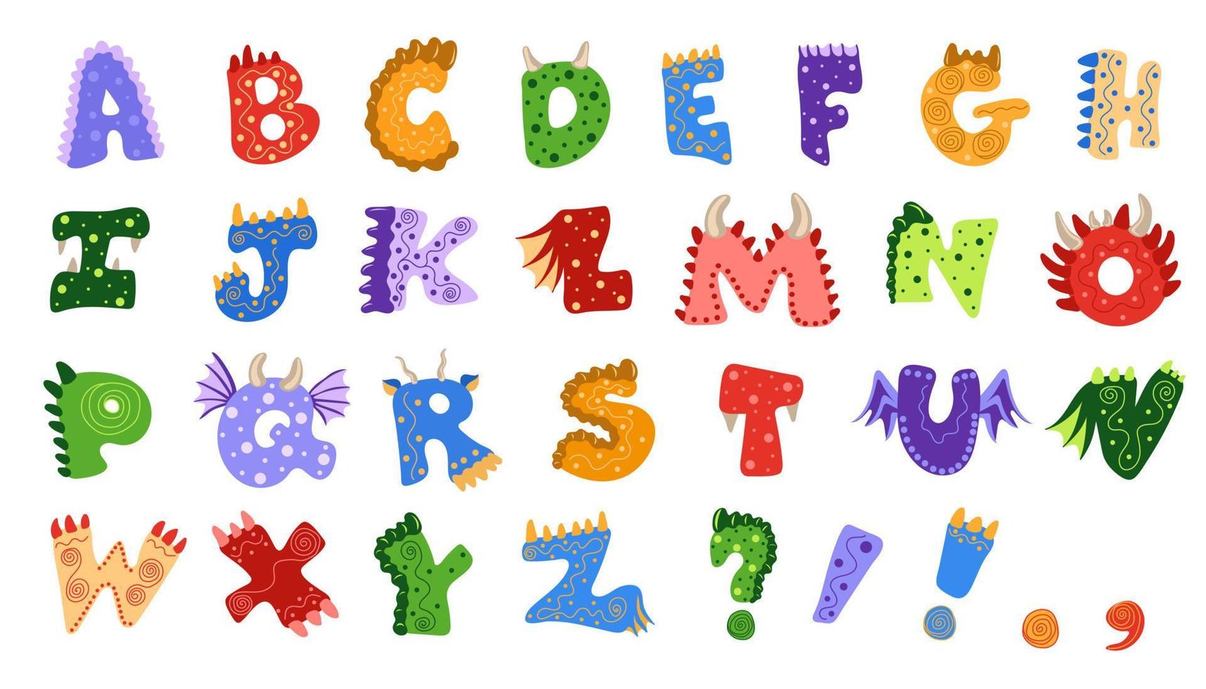 Dragon or dino alphabet. Set of cute hand drawn letters in bright colors with texture dragon effects vector