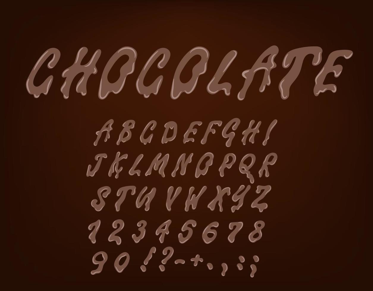 mano dibujado latín alfabeto hecho de oscuro Derretido chocolate. dulce comida embalaje fuente vector