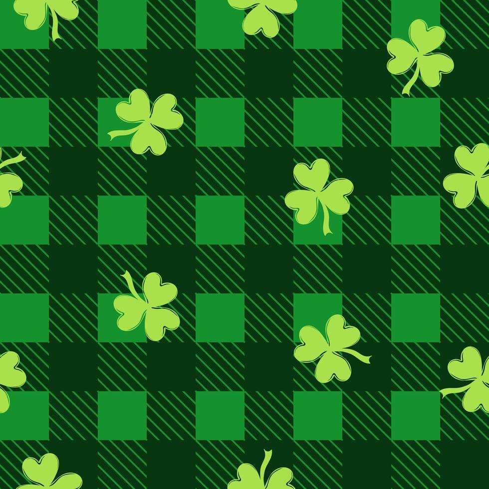 Chequered seamless pattern with clover in trendy colors. vector