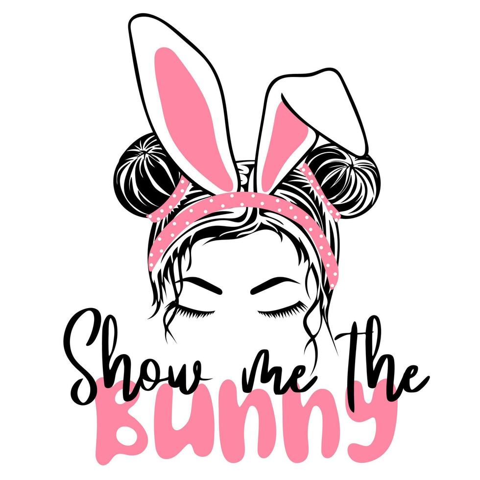 Show me the bunny. Silhouette of a girl face with messy hair in a bun and rabbit ears vector