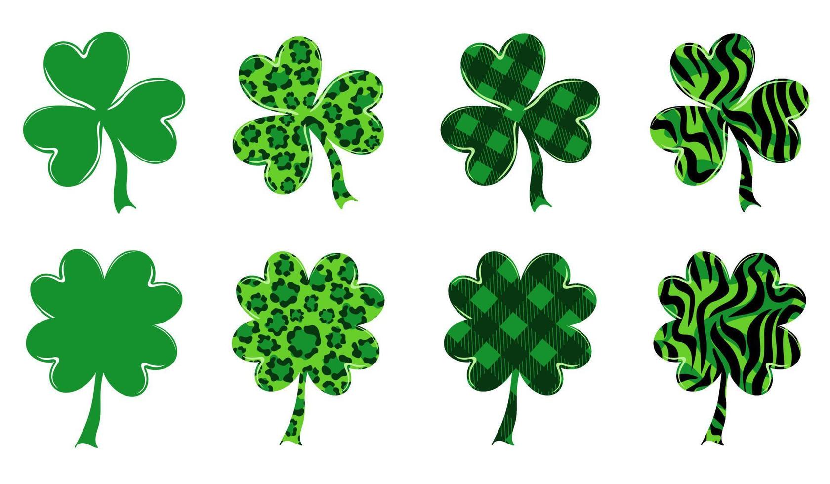 Clover set with chequered, leopard and tiger pattern. Happy St. Patricks Day vector