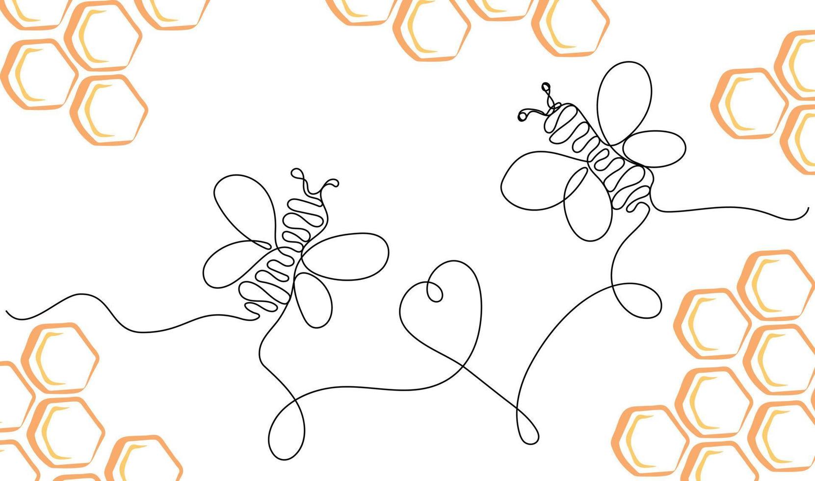 Continuous one line drawing of flying bees and honeycombs, isolated on white background vector