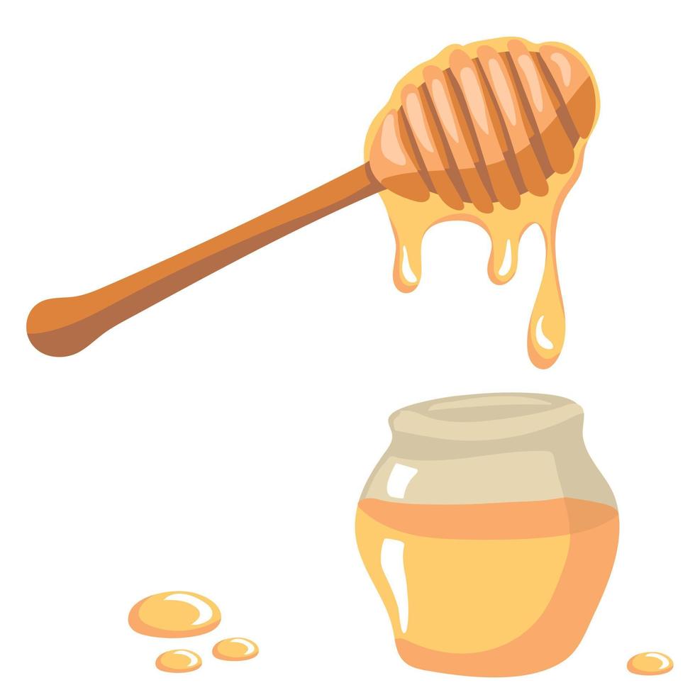 Fresh honey. Honey dripping from a wooden honey dipper on jar, isolated on white background vector