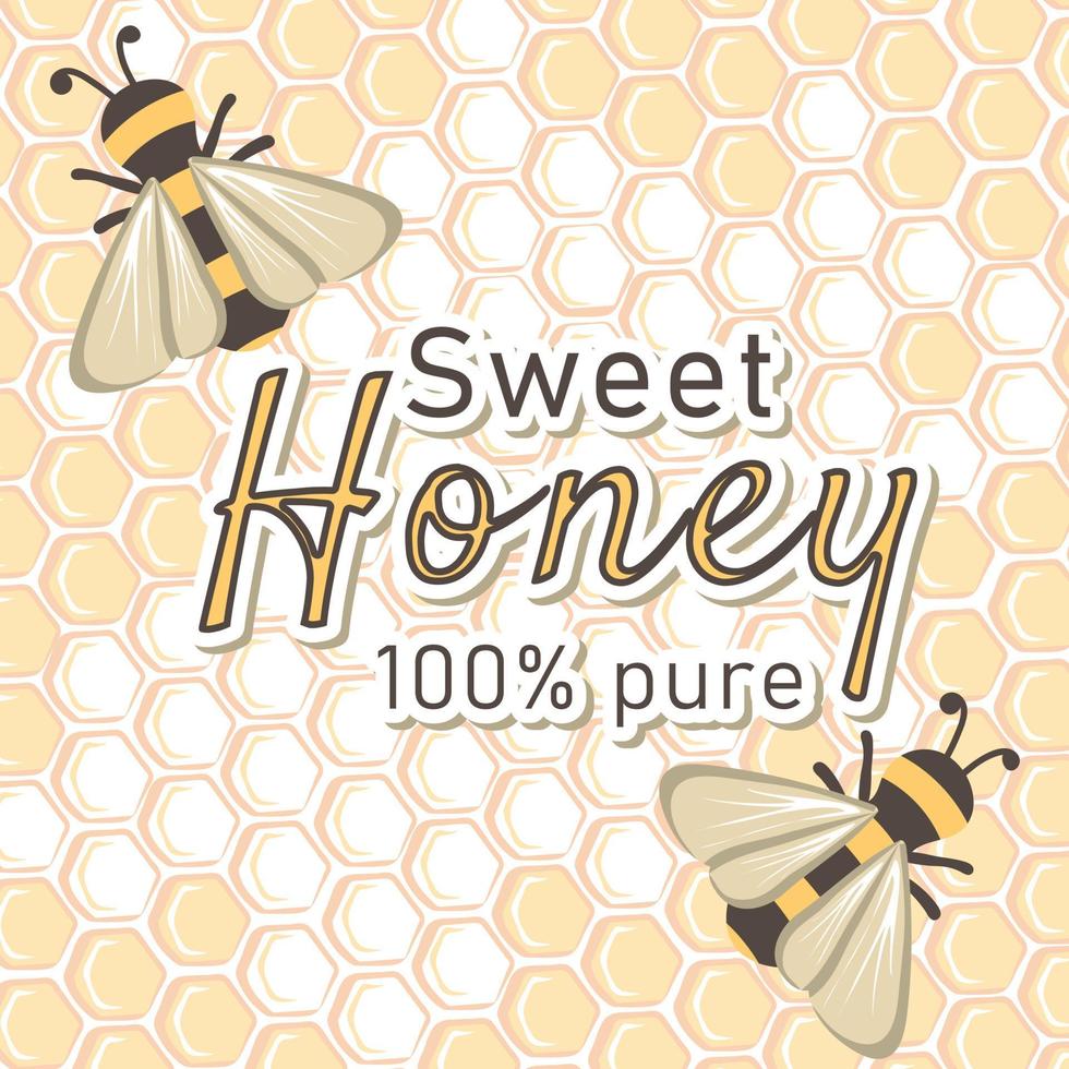 Sweet pure honey. Honey banner template with bees and honeycombs. vector